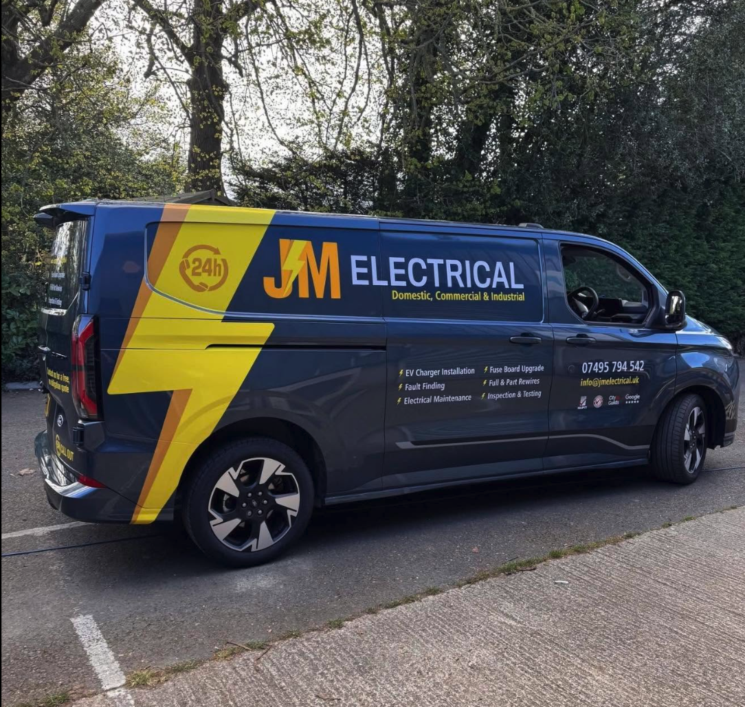 JM Electrical branded work van in Maidstone, Kent, listing EV charger installation, fuse board upgrades and rewires